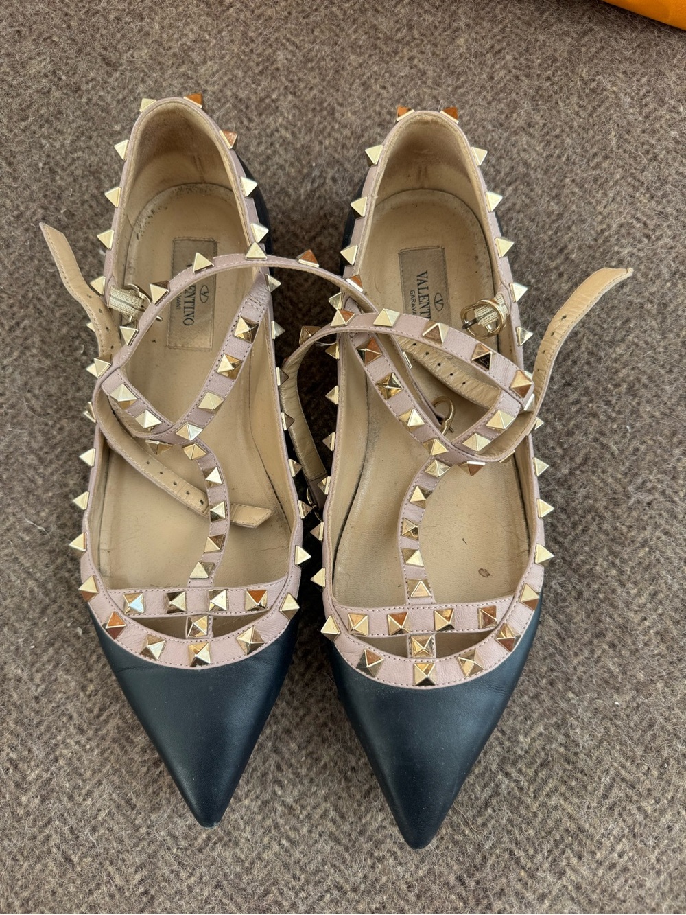 Valentino Two-Tone Pointed Rockstud T-Strap Flats in Beige and Black